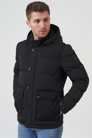 Siyah Çıkarılabilir Kapüşonlu Çift Cepli Şişme Mont