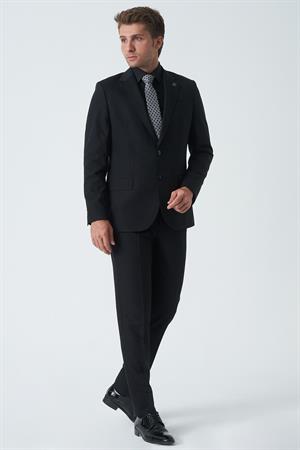 Siyah Slim Fit Kalıp Klasik Esnek Likralı Kapaklı Cepli Takım Elbise