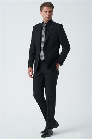 Siyah Slim Fit Kalıp Klasik Esnek Likralı Kapaklı Cepli Takım Elbise