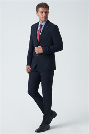 Lacivert Slim Fit Kalıp Klasik Esnek Likralı Kapaklı Cepli Takım Elbise