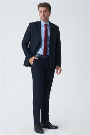 Lacivert Slim Fit Kalıp Klasik Esnek Likralı Kapaklı Cepli Takım Elbise