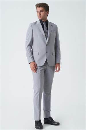 Açık Gri Slim Fit Kalıp Klasik Esnek Likralı Kapaklı Cepli Takım Elbise