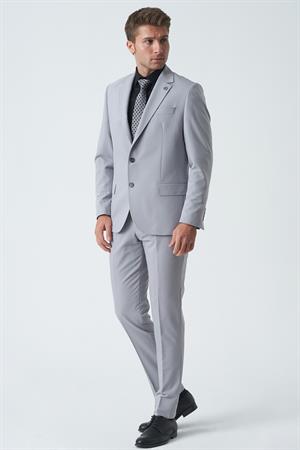 Açık Gri Slim Fit Kalıp Klasik Esnek Likralı Kapaklı Cepli Takım Elbise