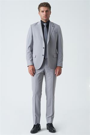 Açık Gri Slim Fit Kalıp Klasik Esnek Likralı Kapaklı Cepli Takım Elbise