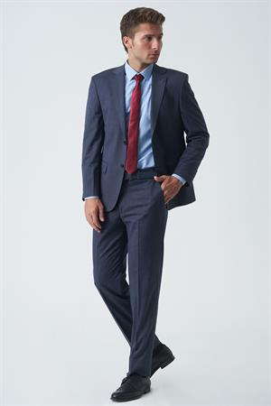 Mavi Slim Fit Kalıp Efektli Kumaş Esnek Likralı Kapaklı Cepli Takım Elbise