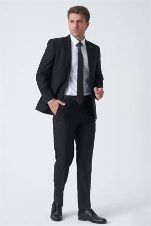 Siyah Slim Fit Kalıp Esnek Likralı Kapaklı Cepli Takım Elbise