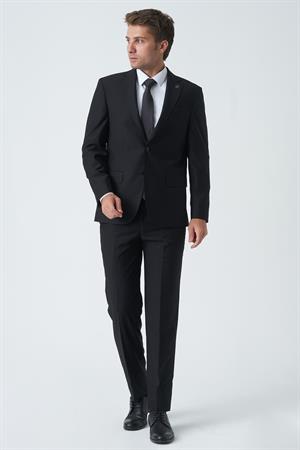 Siyah Slim Fit Kalıp Esnek Likralı Kapaklı Cepli Takım Elbise