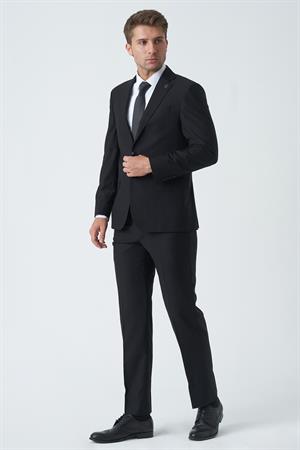 Siyah Slim Fit Kalıp Esnek Likralı Kapaklı Cepli Takım Elbise