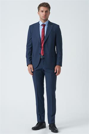 Koyu Mavi Slim Fit Kalıp Esnek Likralı Kapaklı Cepli Takım Elbise