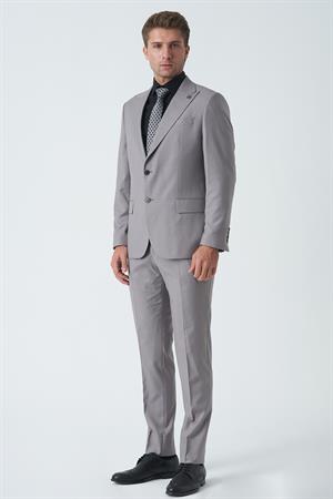 Gri Slim Fit Kalıp Esnek Likralı Kapaklı Cepli Takım Elbise