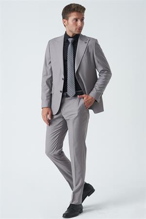 Gri Slim Fit Kalıp Esnek Likralı Kapaklı Cepli Takım Elbise