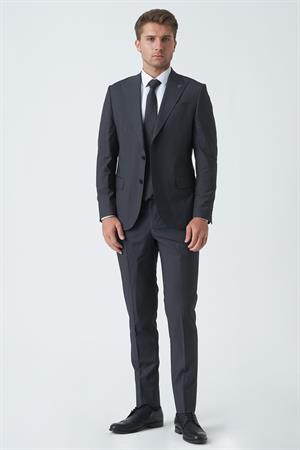 Antrasit Slim Fit Kalıp Esnek Likralı Kapaklı Cepli Takım Elbise