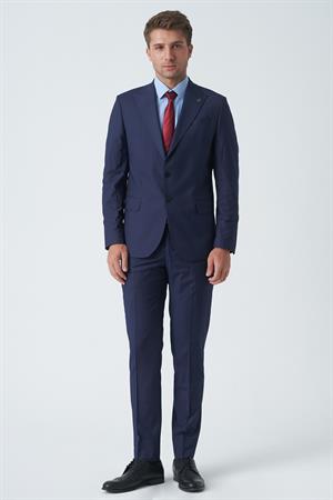 Koyu Mavi Slim Fit Kalıp Esnek Likralı Kapaklı Cepli Takım Elbise