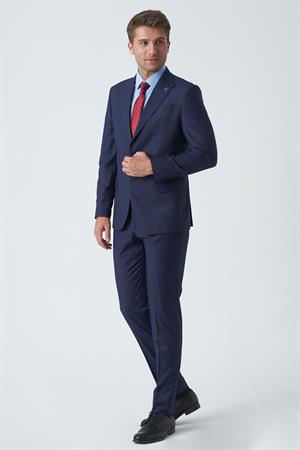 Koyu Mavi Slim Fit Kalıp Esnek Likralı Kapaklı Cepli Takım Elbise