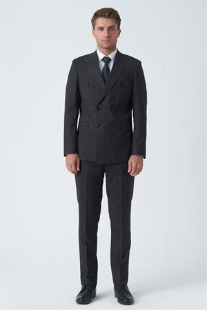 Koyu Gri Uyumlu Beyaz İnce Çizgili Slim Fit Kalıp Kruvaze Premium Takım Elbise