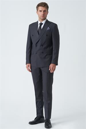 Antrasit Uyumlu Beyaz İnce Çizgili Slim Fit Kalıp Kruvaze Premium Takım Elbise