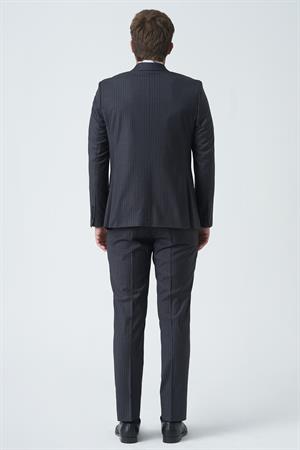 Antrasit Uyumlu Beyaz İnce Çizgili Slim Fit Kalıp Kruvaze Premium Takım Elbise