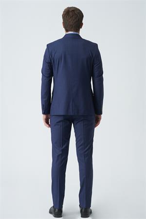 Mavi Beyaz İnce Çizgili Slim Fit Kalıp Kruvaze Premium Takım Elbise