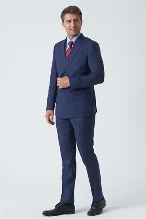 Mavi Beyaz İnce Çizgili Slim Fit Kalıp Kruvaze Premium Takım Elbise