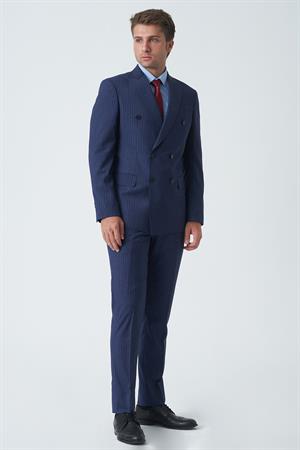 Mavi Beyaz İnce Çizgili Slim Fit Kalıp Kruvaze Premium Takım Elbise