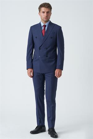 Mavi Beyaz İnce Çizgili Slim Fit Kalıp Kruvaze Premium Takım Elbise