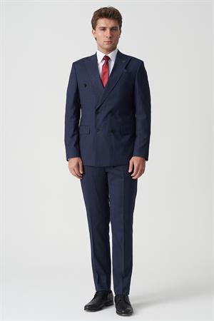 Koyu Lacivert Beyaz İnce Çizgili Slim Fit Kalıp Kruvaze Premium Takım Elbise