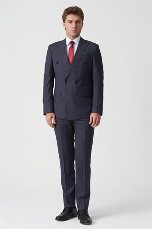 Lacivert Beyaz İnce Çizgili Slim Fit Kalıp Kruvaze Premium Takım Elbise