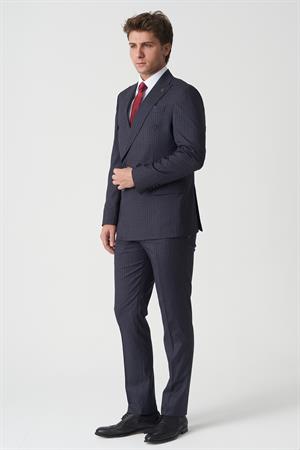 Lacivert Beyaz İnce Çizgili Slim Fit Kalıp Kruvaze Premium Takım Elbise