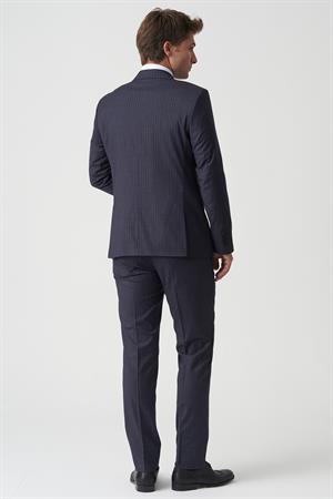 Lacivert Beyaz İnce Çizgili Slim Fit Kalıp Kruvaze Premium Takım Elbise