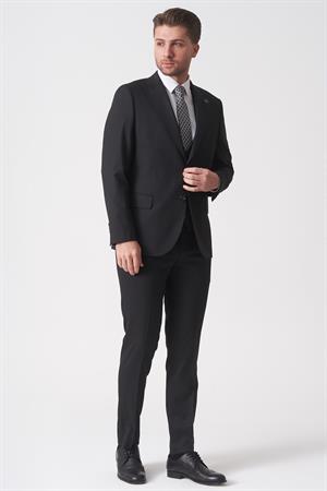 Siyah Slim Fit Kalıp Yelekli Klasik Esnek Likralı Kapaklı Cepli Takım Elbise