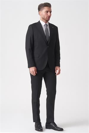 Siyah Slim Fit Kalıp Yelekli Klasik Esnek Likralı Kapaklı Cepli Takım Elbise