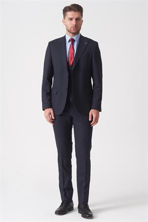 Lacivert Slim Fit Kalıp Yelekli Klasik Esnek Likralı Kapaklı Cepli Takım Elbise
