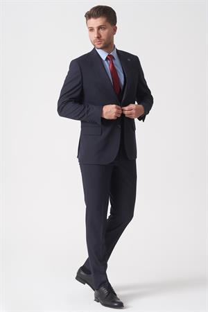 Lacivert Slim Fit Kalıp Yelekli Klasik Esnek Likralı Kapaklı Cepli Takım Elbise