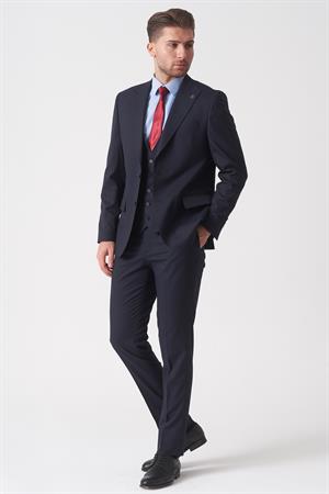 Lacivert Slim Fit Kalıp Yelekli Klasik Esnek Likralı Kapaklı Cepli Takım Elbise