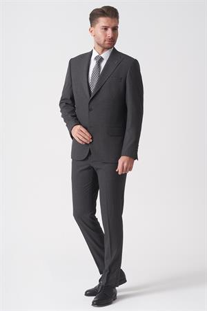 Antrasit Slim Fit Kalıp Yelekli Klasik Efektli Kumaş Esnek Likralı Kapaklı Cepli Takım Elbise