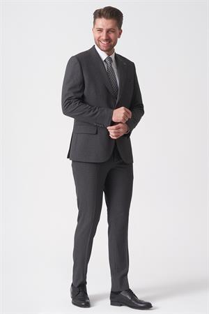 Antrasit Slim Fit Kalıp Yelekli Klasik Efektli Kumaş Esnek Likralı Kapaklı Cepli Takım Elbise