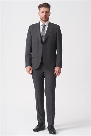 Antrasit Slim Fit Kalıp Yelekli Klasik Efektli Kumaş Esnek Likralı Kapaklı Cepli Takım Elbise