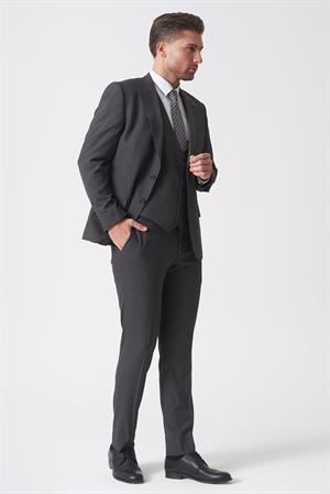 Antrasit Slim Fit Kalıp Yelekli Klasik Efektli Kumaş Esnek Likralı Kapaklı Cepli Takım Elbise