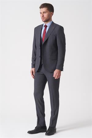 Gri Slim Fit Kalıp Yelekli Klasik Efektli Kumaş Esnek Likralı Kapaklı Cepli Takım Elbise