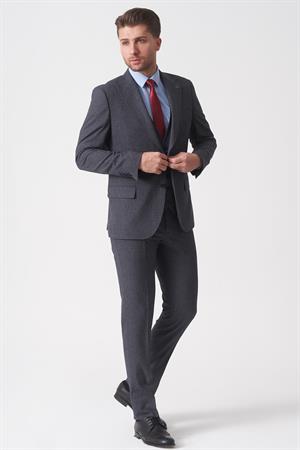 Gri Slim Fit Kalıp Yelekli Klasik Efektli Kumaş Esnek Likralı Kapaklı Cepli Takım Elbise