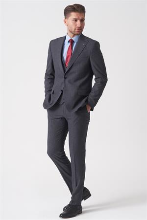 Gri Slim Fit Kalıp Yelekli Klasik Efektli Kumaş Esnek Likralı Kapaklı Cepli Takım Elbise