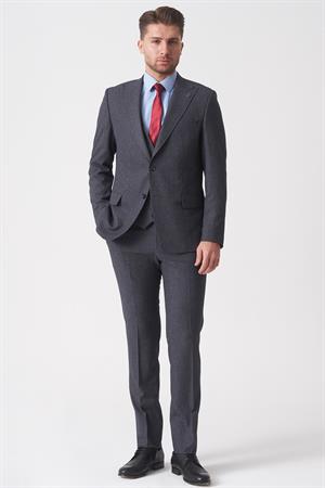 Gri Slim Fit Kalıp Yelekli Klasik Efektli Kumaş Esnek Likralı Kapaklı Cepli Takım Elbise