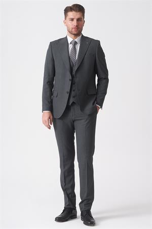 Gri Slim Fit Kalıp Yelekli Klasik Esnek Likralı Kapaklı Cepli Takım Elbise