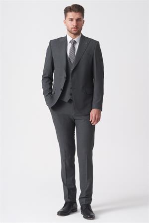 Gri Slim Fit Kalıp Yelekli Klasik Esnek Likralı Kapaklı Cepli Takım Elbise