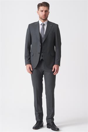 Gri Slim Fit Kalıp Yelekli Klasik Esnek Likralı Kapaklı Cepli Takım Elbise