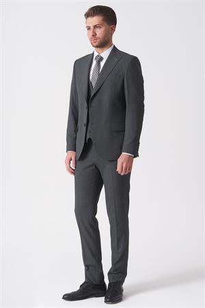 Gri Slim Fit Kalıp Yelekli Klasik Esnek Likralı Kapaklı Cepli Takım Elbise