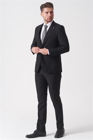 Siyah Slim Fit Kalıp Yelekli Klasik Esnek Likralı Kapaklı Cepli Takım Elbise