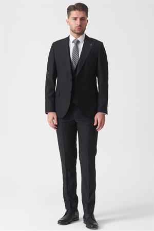 Siyah Slim Fit Kalıp Yelekli Klasik Esnek Likralı Kapaklı Cepli Takım Elbise
