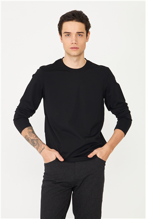 Siyah Bisiklet Yaka Uzun Kol Düz Basic 