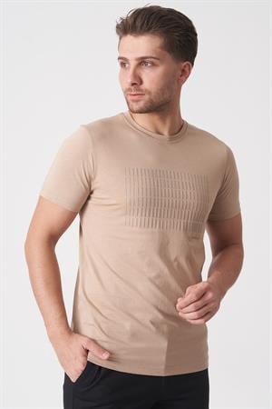 White Stone Rio de Janeiro 3087 Slim Fit Bisiklet Yaka Pamuklu Likralı T-Shirt  Bej